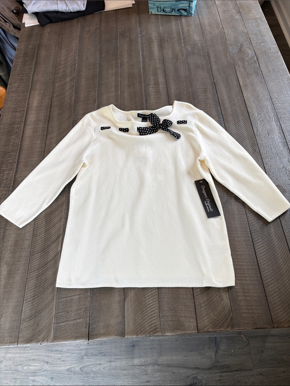 Designers Originals White Long-Sleeve Top with Black Polka Dot Bow